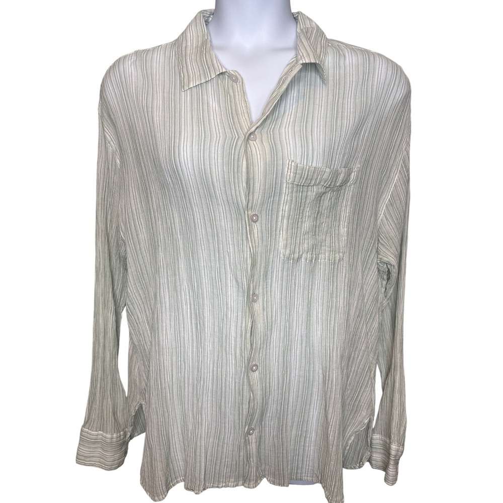 Standard Cloth Womens Sage Green Striped Crinkle Gauze Button Down Shirt‎ Sz L